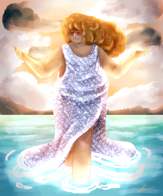 A doodle of Rose's OC, Nick. He is a tall, fat man with curly, golden blonde hair. The drawing is a reference to the ending scene from the little mermaid, where she is walking out the sea with a glittery dress. His hands are spread out, and his hair is blowing to the right in the breeze. He has his eyes closed, looking down and to the left. The light from the sunset is illuminating his body as he walks through the ocean