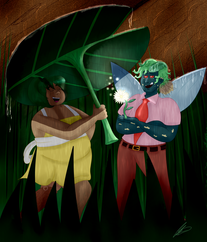 A picture of Alice’s OCs, June and Starla. They are both fairies, but only Starla has wings. June is short and fat, with pale skin and green hair, tied in a ponytail. There are freckles scattered around her body and face. She also has a wooden prosthetic leg on her right. Her attire is a dress with a belt tied around her. Starla is thin and has green skin with blotches on there. She has green hair too, but they’re plants, and a ponytail of roots. She is wearing a shirt and tie, with the shirt tucked into some trousers. They’re both bare footed. June is holding a huge leaf over her head proudly, while Starla has her arms crossed and is making a flower grow from her thumb. She’s being smug. It is raining and June’s leaf is stopping her getting wet.