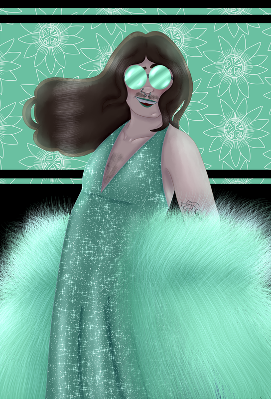 An illustration of me, posing with my long, brown hair blowing in the wind and a teal colour feather coat over my arms, body, and sparkly teal dress. I have pale skin, dark brown hair, and round sunglasses over my eyes. My nose and septum are pierced with a ring and on my arm is a Chibita tattoo. The background is black with a teal strip going across my head and torso, which has white passion flower outlines in it.