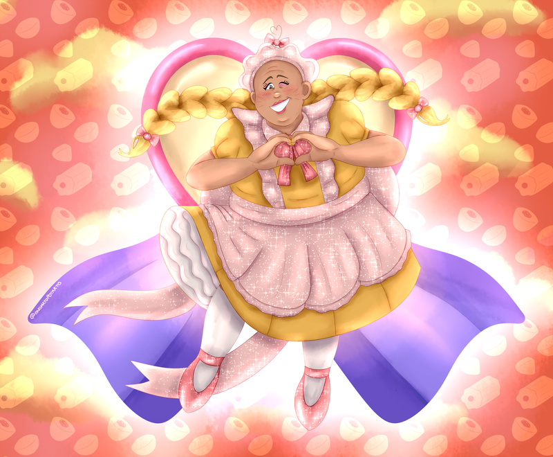 A full body illustration of Chibita jumping up in the air, wearing his maid outfit from season 3. He is grinning and winking, making a heart sign with his hands. Chibita is a short, fat man with beige skin and three whiskers on each of his cheeks. He has one hair atop his bald head with a bow tied around it, curled into the shape of a heart. On the lower half of his scalp he is is wearing a wig with long, blonde pigtails. He is jumping in front of the heart shaped emblem that is on his oden cart during the maid in oden skit, and there is a glow surrounding them. In the background there is a pattern of oden shapes overlaid on top of a sunset sky. End description.