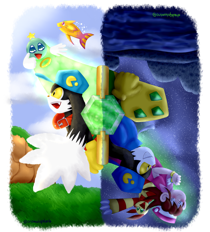 In the centre of the image is Klonoa's wind ring, with one half of the canvas being dedicated to Door to Phantomile during the day in Breezegale and the other Lunatea's Veil at The Sea of Tears during the night. In the first half Klonoa is poking his head out the ring with a whimsical smile on his face, while Huepow and Karal float above him smiling too. Huepow appears to be emerging from the wind ring, giving Klonoa a thumbs up. The other half of the image is very similar, with Klonoa poking his head out of the wind ring here too, holding his board. He has a grin on his face. Above him are Popka and Lolo. Lolo is also emerging from the wind ring, looking down at Klonoa with a smile on her face and her hands clasped together. Popka is waving. 