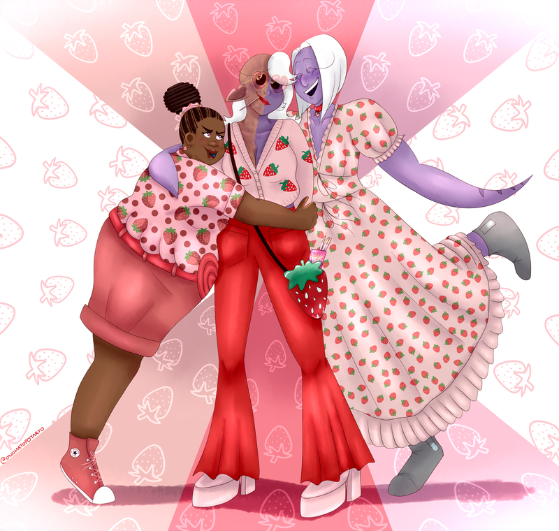 Kring and Beatrice are hugging Red, who is looking up with an embarrassed yet fond look on her face. Kring is teasing her, with their tongue out, while Beatrice is excitedly putting her leg up. Red is a thin alien woman who has dark purple skin and long, white hair. The left side of her head is bald due to a burn scar that covers half her body. She is wearing the outfit in the quote retweeted tweet, a cropped jumper with strawberries on it and flared red trousers. She has pink platform heels on and heart shaped sunglasses. Kring is a short, fat part alien, who has their brown hair braided and tied in a top bun. They have brown skin and are wearing a pink button up shirt with strawberries and spots on it, and red shorts. They also have a red belt with a heart on it, a bottom lip piercing, and strawberry earrings. Beatrice is a tall, muscular alien woman who has lighter purple skin and her white hair cut in a bob. She is wearing a long, flowy strawberry dress and a strawberry choker. 
