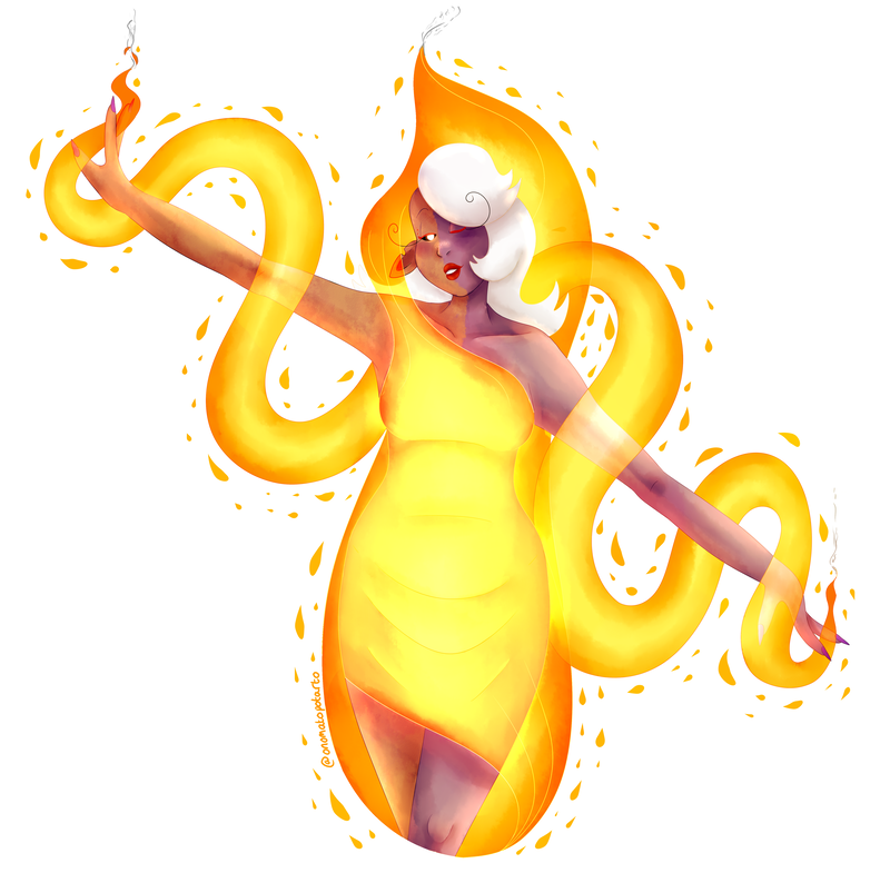 An illustration of Red from coursing constellations, a slender alien woman with long, white hair and purple skin. She is posing with flames surrounding her. Her eyes and freckles are glowing orange as she is using her aptitude to manipulate it, both on her dress and over her outstretched arms like a boa. The left side of her head is bald due to a burn scar that covers half her body, revealing a pointed ear with a chunk taken out the top. She is winking with a seductive look on her face. 