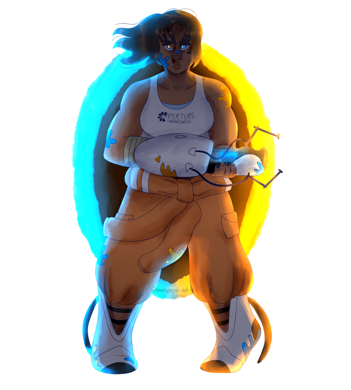 An illustration of Chell from the portal series. She is holding a portal gun with a determined look on her face and is stood in front of a portal, one side is blue and the other is orange. The portal is lighting her from behind. Chell is a muscular woman who has tan skin and her brown hair is tied up in a pony tail, wind blowing it to the left. She is wearing a white tank top that says Aperture Laboratories and orange overalls tied at her waist. There are splotches of orange and blue paint all over her body.