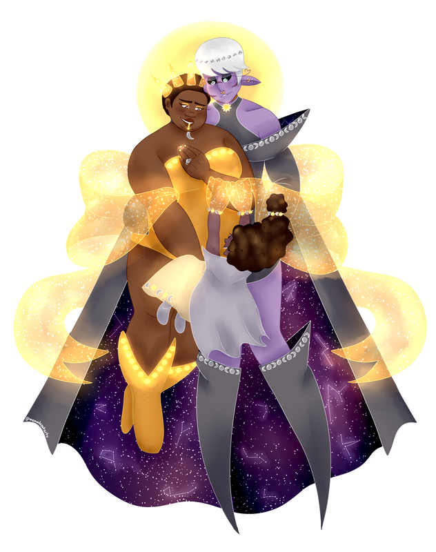 Digital art of my ocs: Kring, Beatrice, and their daughter Nora, seven to eight years after the events of Coursing Constellations. Kring is dressed like a sun deity, while Beatrice like a moon deity. Nora is a combination of both. Kring is a fat, Nigerian Filipino quarter alien, who has brown skin and shaved dark brown hair. Their eyes are brown, with a pink crosshair reticle as a pupil. Beatrice is a muscular alien woman, who has purple skin and short, white hair. She has black eyes and pupils that are glowing cyan, each with a single, long eyelash. She has freckles above her nose and on her shoulders. Nora has dark purple skin and long, curly hair. She also has one eye. Beatrice is holding Kring, who has their hand on their chest, while looking at Nora lovingly. Nora is floating in the air, reaching her arms out to her parents. Beatrice is wearing a cape which has constellations inside of it, while Kring has a golden ribbon tied around their shoulders and enveloping the entire family