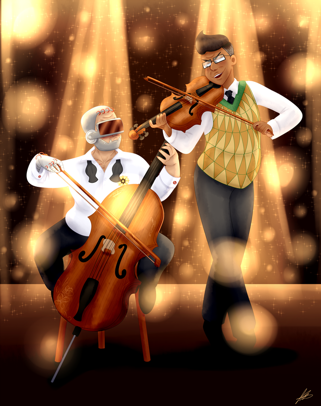 An illustration of my OCS The Pioneer and Tydus stood on a stage. The Pioneer is playing an old, beaten up cello with flowers carved into the bottom. Tydus has a violin. The Pioneer is a short, light skinned cyborg with a metallic bottom jaw. He has goggles over his eyes and nose, and his scalp is completely covered in metal. There are four wires connecting his skin to his scalp. There are also cables on his metallic left hand. He is wearing a shirt and an unfastened bowtie with a sunflower shaped pin attached to it. Tydus is an Indian man, who has brown skin and wears glasses. He has a pompadour of dark hair with greying sides. He is wearing a sweater vest with a triangluar pattern on it on top of a shirt and tie. He is also wearing suit trousers and fancy shoes. The two of them are looking at one another as they play their instruments, The Pioneer is angry while Tydus is smirking smugly. There is a soft, yellowish light shining on them, with orbs of light surrounding them. 