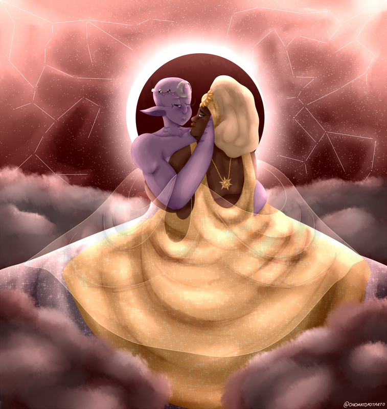 Kring and Beatrice are sitting on storm clouds in the middle of an eclipse, a red hue surrounding them. The sun and the moon are behind their heads. They are looking at each other longingly as Beatrice pulls Kring in for a kiss, her fin on their cheek and their arms around her waist. They are both wearing floor length gowns: Beatrice's is silver like the moon while Kring's is golden like the sun. Kring is wearing a golden gele on their head and a sun necklace down their back to also represent this, while Beatrice has a moon shaped tiara on instead of her usual wig. Kring is short, fat and has brown skin. Their eyes are brown with pink pupils. Beatrice is muscular, tall, and has purple skin. Her ears are pointed, there are freckles on her cheeks, and her eyes are black with glowing cyan irises. There are more storm clouds in the background, and two constellations that look like bolts of lightning
