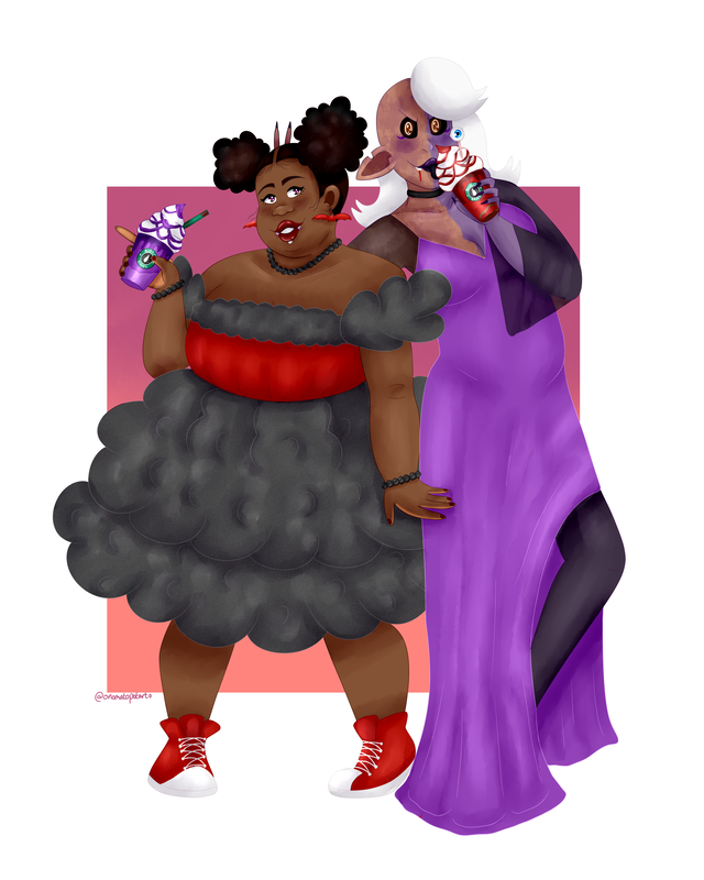 An illustration of Kring and Red dressed as vampires. They are drinking eachother’s fake blood in Starbucks frappuccinos, renamed blood banks. Kring’s blood is red while Red’s is purple. Kring is a fat, Nigerian Filipino quarter alien who has brown skin. Their curly brown hair is tied up in space buns and they have brown eyes with pink circles that have four spikes sticking out as pupils. They are wearing a red and grey off the shoulder dress with a poofy grey skirt, a black Pearl bracelet and matching necklace. They also have little red bats dangling from their ears. Red is a thin alien woman with dark purple skin. She has long, white hair, and a side fringe. The left side of her head is bald due to a burn scar that covers half her body, revealing a pointed ear with a chunk taken out the top. She is wearing a long, slit purple dress with dark, near transparent sleeves and a choker. She is licking the cream on her drink and doing bunny ears behind Kring’s head as they pose.