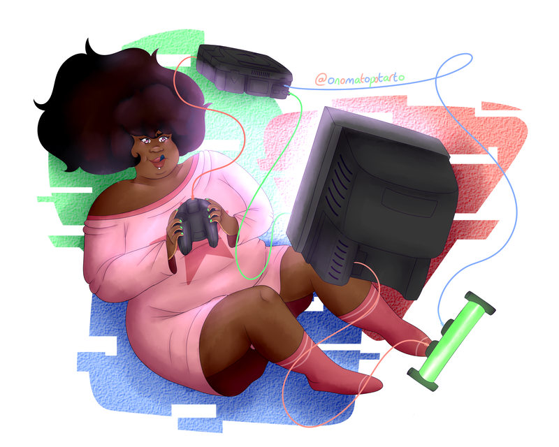 Kring from Coursing Constellations is floating in zero gravity while playing a Sega Saturn on a CRT television. They are focused so their tongue is sticking out. Kring is a fat, Nigerian Filipino quarter alien, who has long, curly, dark brown hair and brown skin. They are wearing a pink nightgown with a star in the middle of it and matching socks. The background is 90s style, featuring a glitchy green circle, red triangle, and blue rectangle. The cables connecting all the electricals together are colured the same as the background, and they are being powered by a glowing green energy tube.