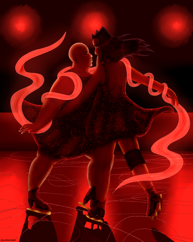 Rin and Emmet are dancing on the ice in the middle of a dimly lit ice skating rink. Red lights are illuminating their bodies as they look at one another longingly, Rin with his hand on Emmet's cheek. They are wearing identical outfits: a glittery, red dress with a low cut back and ice skates to match.  Emmet also has a leg brace on for support, his long hair is also blowing behind him. Rin is bald. A red sash is threaded over their arms and shoulders, splaying out around them.