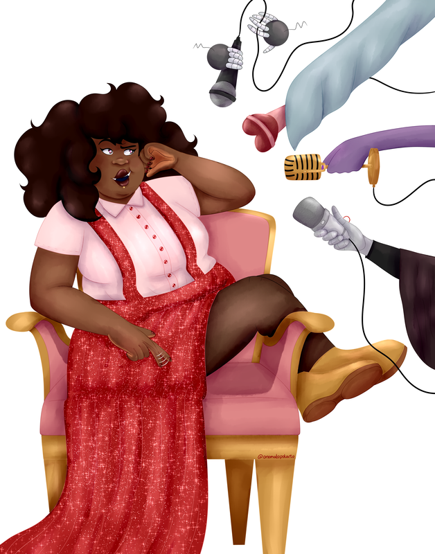 An illustration of Kring from Coursing Constellations. Kring is a fat, Nigerian Filipino quarter alien, who has long, curly, dark brown hair and brown skin. They also have brown eyes with pink circles that have four spikes sticking out as pupils. They're wearing a light pink shirt and a long, glittery, red skirt: half of it is long and the other is short. The skirt also has suspenders. They are wearing golden shoes and a matching lip piercing. They are lounging on a pink and gold chair, with their legs over the arm. One of their hands is tapping their leg because they're stammering, while the other is rested on their face. As they talk, they are looking smugly to the right. On the right there are four microphones, all being held by one of their friends. Seb is holding a generic, round tipped microphone, Beatrice is holding a heart shaped one, Red is holding a golden retro one, and The Pioneer is holding a silver, rectangular shaped one. You can only see their arms.