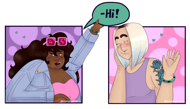 A mini comic of Kring and Beatrice from my comic Coursing Constellations. There are two panels and Kring and Beatrice are in one each. This is from an AU where they are both human. Kring is a short, fat, Nigerian Filipino non binary person. They have long, curly brown hair, and are wearing a denim jacket with a pink strapless top on. They also have sunglasses on their head. Beatrice is a tall, muscular, Japanese British woman. She has platinum blonde hair, with blue on the tips. You can also see dark brown roots at the top of her Bob. She has a tattoo of blue roses on her arm, and is wearing a purple tank top. The two of them are wearing Stamma wristbands, the british charity for stuttering. Kring is trying to say hello to Beatrice, and has reached their hand outside of the panel to catch the speech bubble that has “hi” in it. It is supposed to represent their stutter. They are also tapping their hand on the panel to help them talk. Beatrice is waving happily