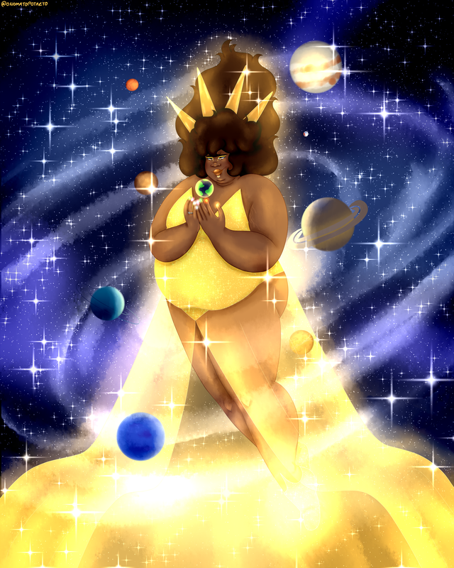 Kring is in the centre of our solar system, holding the Earth in their hands. Orbiting around them are the other eight planets. They are wearing golden coloured clothes: a sparkly bodysuit and a transparent, glowing skirt. There is also a crown with four golden spikes on their head. On their ring finger is a small ring with a moon on it. They are the sun and their wife is the moon. Kring is short and fat, they have brown skin and long, curly, dark brown hair. Their eyes are glowing gold and their nails gold, orange, green, pink, and teal, the same colours as the siblings. Stars dance around them.