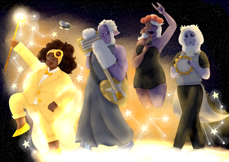 An illustration of the entire cast so far of my webcomic, coursing constellations, all surrounding Kring's spaceship. Kring and Beatrice are sat at the top, with Kring looking to the sky, talking about the stars, while Beatrice is looking at them lovingly. Kring is holding their book with one hand, and then holding Beatrice's hand with the other. Seb hands are sitting on both of their shoulders. Red is hanging off part of the ship, with her other hand on her head looking to the distance to see what she can find. Armond is inside the ship, holding one of Kring's star maps. There is also a picture of their mother attached to it, holding a grammy. He is confused. Wesley is in the background, still unsure how to use their aptitude, so they're floating away. Finally, behind the ship stands The Pioneer, looking in the opposite direction to the others. The whole cast are all holding lollipops except The Pioneer, Red has three and hers are on fire. Beatrice has manipulated the one Seb is holding so the shape is warped, partially into the shape of a heart. Kring has theirs in their mouth, while Wesley's is floating above themThere is a purple coloured constellation linking the hearts of all seven characters on the canvas, with another one ending outside the canvas, implying there's another character yet to be met. 