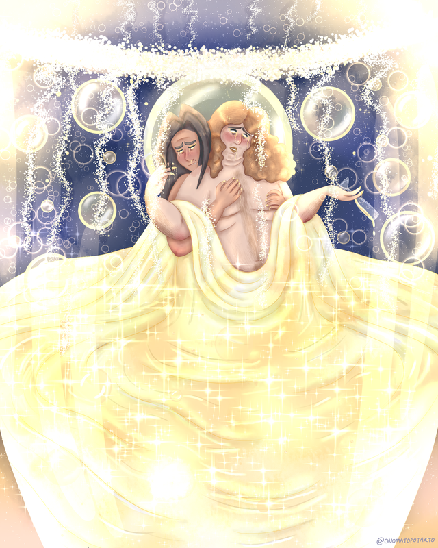 Rin and Emmet are in the middle of a large champagne glass. They are wearing flowing, long, golden dresses, representing champagne. Rin's hairy chest and belly are visible. Emmet is holding Rin from behind while Rin twirls Emmet's hair with his finger. Emmet's embrace is desperate, clinging onto Rin's chest. Rin's other hand holding a wine glass and pouring out it's contents. The two are are looking away from eachother with distressed looks on their faces because they know this is wrong but are too drunk to care. They are crying streams of champagne from their eyes, and it is leaking from their nails, Emmet's nose, and Rin's mouth. Emmet has long, straight hair while Rin's wig is curly, messily falling over his shoulder. Rin's is covered in freckles and he has stubble scattered across his face, Emmet has a mole above his lip. Bubbles of alcohol are also floating around them, with one large one behind their heads like a renaissance painting halo.