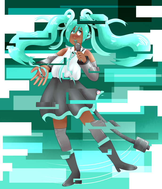 Art of an alternate version of hatsune Miku where she is black and has a stammer. She is singing into a microphone, however she is stammering on a word so her eye is twitching and she’s looking away from the viewer. Her stammer is represented further by her body and the background glitching, making her projection look disjointed. She is wearing her usual outfit, except she has a stammering ribbon tied under the collar of her shirt like a tie, and a metronome cape. It helps her to talk. She also has stammering ribbons in her hair, holding her pigtails up. She is also reaching her hand out to the viewer, holding a British stammering association wristband. 