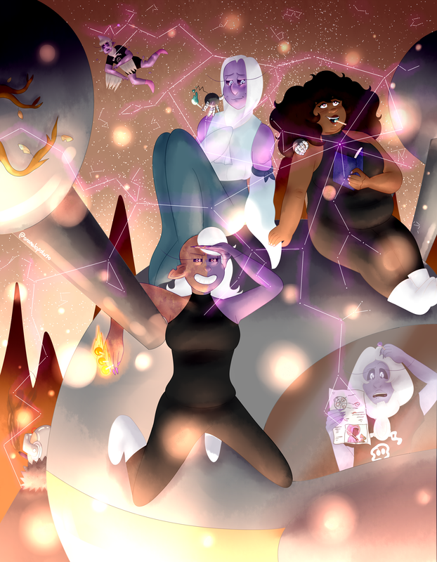 An illustration of the entire cast so far of my webcomic, all surrounding Kring's spaceship. Kring and Beatrice are sat at the top, with Kring looking to the sky, talking, while Beatrice is looking at them lovingly. Kring is holding their book with one hand, and then holding Beatrice's hand with the other. Seb hands are sitting on both of their shoulders. Red is hanging off part of the ship, with her other hand on her head looking to the distance to see what she can find. Armond is inside the ship, holding one of Kring's star maps. There is also a picture of their mother attached to it, holding a grammy. He is confused. Wesley is in the background, floating away. Finally, behind the ship stands The Pioneer, looking in the opposite direction to the others. The whole cast are all holding lollipops except The Pioneer. There is a purple coloured constellation linking the hearts of all seven characters on the canvas, with another one ending outside the canvas