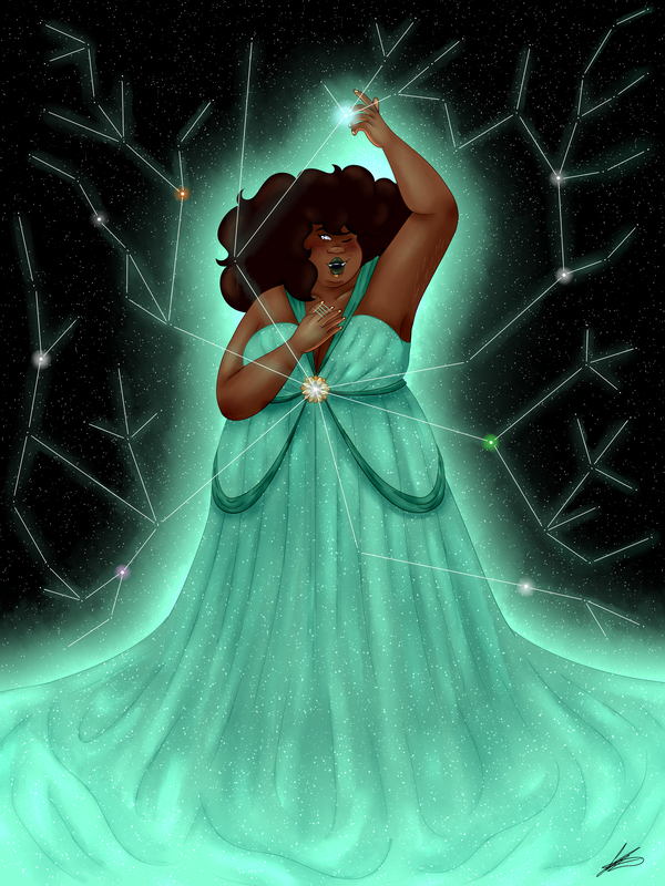 A digital painting of Kring from my webcomic Coursing Constellations. They are a nigerian filipino quarter alien, who is short and fat with long, curly hair and brown skin. They're talking and are mid stammer, so their hand is tapping on their chest in order to help them speak. One of their eyes is also closed and the other is half lidded. A smile is on their face, showing they have pride in their voice. The other hand is reaching up to the sky, near a star that represents Beatrice. There are stars representing the other characters surrounding them, connected by a constellation in the shape of a astrocyte, a star shaped cell in the brain. They are wearing a glittery, teal dress, the same colour as the stammering ribbon, which overflows to the bottom of the canvas. There is a sunflower broach on the dress, which is where the constellation begins. A teal light and multiple smaller stars surround them.