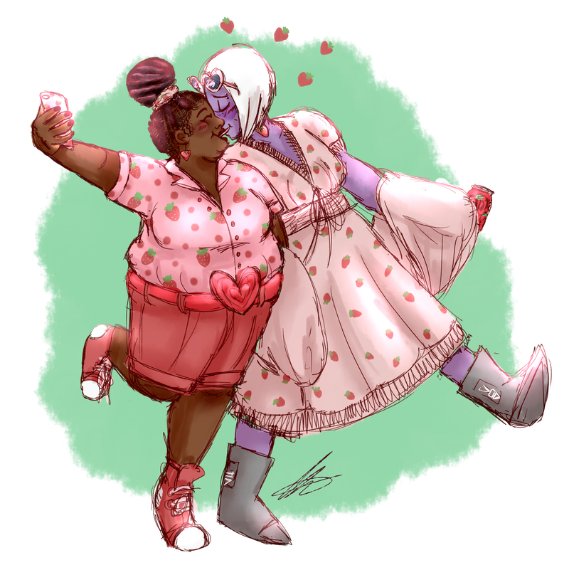 A doodle of Kring and Beatrice from my webcomic Coursing Constellations. Kring is a fat, Nigerian Filipino quarter alien, who has their hair braided and tied up in a top bun. They are wearing a pink button up shirt with strawberries and spots on it, and red shorts to match. They also have a red belt with a heart on it, a bottom lip piercing, and strawberry hanging earrings. Beatrice is a muscular alien woman, who has her hair cut in a bob. She has her eyebrows pierced, and is wearing the long, flowy strawberry dress that was in fashion last year along with a matching blanket scarf to cover her hands. She also has a strawberry choker on. The two of them are holding hands, with Kring on tip toes so they can reach Beatrice's lips. They are playing the pocky game and almost kissing. They're both laughing. Kring is taking a photo on their phone, with their other hand outstretched, while Beatrice is holding a strawberry soda can. Her leg is also outstretched.