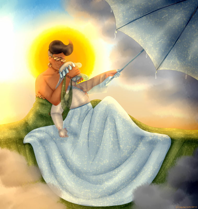 Tydus and The Pioneer are sitting on some rain clouds. Tydus has his hands over The Pioneer's face, one covering his eyes while the other is holding his chin. He is looking down at him with a concerned smile and foggy glasses so you can't see his eyes. There is also a tear going down his cheek. They are wearing floor length skirts and are shirtless: Tydus' is green and inspired by land while The Pioneer's is blue and inspired by water. Tydus is wearing brown pearl earrings, while The Pioneer is wearing a crown of water droplets and a veil covering his face. Tydus is tallish with a dad bod, and has brown skin. He has a pompadour which is brown with greying sides, his chest and arms are also hairy. The Pioneer is short, stocky, and has pale skin. The visible half of his body is made of metal, including his chin and scalp. With his flesh arm he is holding an umbrella to the top right of the page, covering more rain clouds. Behind their heads is the sun, illuminating them with orange light.

