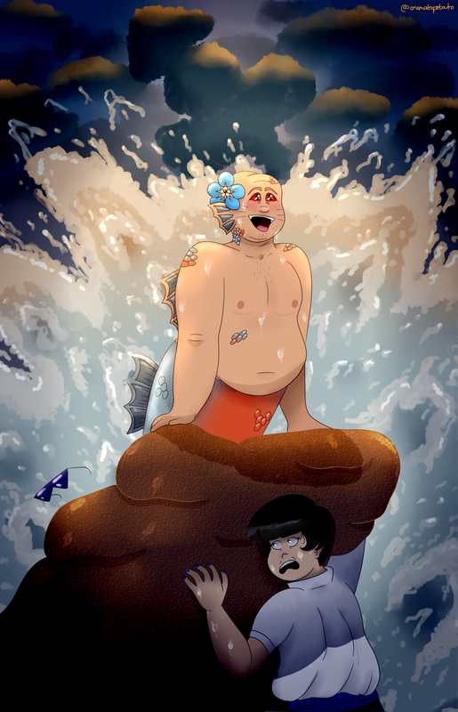 Digital art of Karamatsu and Chibita from osomatsu san, recreating the scene from the little mermaid where Ariel is singing on the rock and the waves crash up behind her. Chibita is a short, bald, fat man with one hair coming from his head, and three whiskers upon each of his cheeks. He is a mermaid, inspired by the red bellied piranha, with red eyes and a grey a red tail. He is also a trans man, and has top surgery scars on his chest. Behind his ear is a large forget me not. Karamatsu is a slender, tallish man with a bowl cut and two cowlicks in his hair. He is dressed like Eric from the little mermaid, with a white shirt and blue trousers. They are both Japanese. He is clinging onto the rock below Chibita, looking worried as his sunglasses fly away in the breeze. In the sky there is a cloud in the shape of oden.
