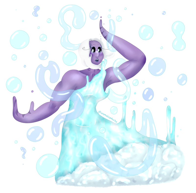 Beatrice is posing with one arm up and the other down with a shocked, teary look on her face. She is using her aptitude to manipulate the water swirling around her. It is clear she is losing control because her hair, dress, fins, and tears are starting to float upwards and separate into droplets. The dress she is wearing looks like water, with waves at the bottom of it. Beatrice is tall, muscular and has purple skin. She has white, bobbed hair and her eyes are black with glowing cyan irises. She has a long eyelash on each eye, curled to look like a heart. The freckles on her nose are glowing too. 